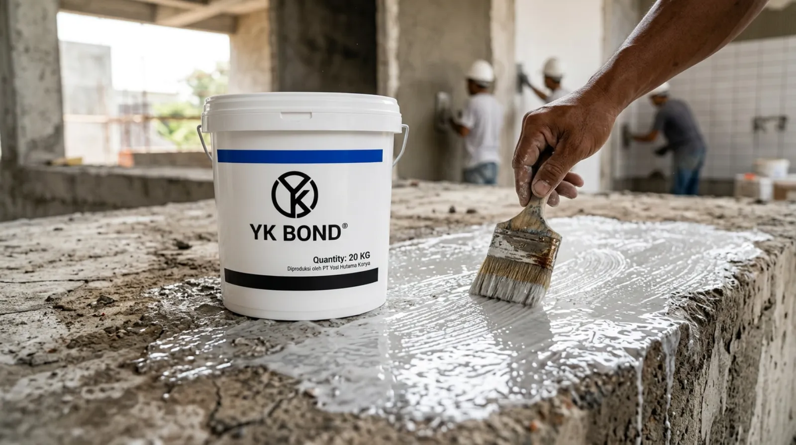 Aplikasi lem beton YK Bond untuk patching beton