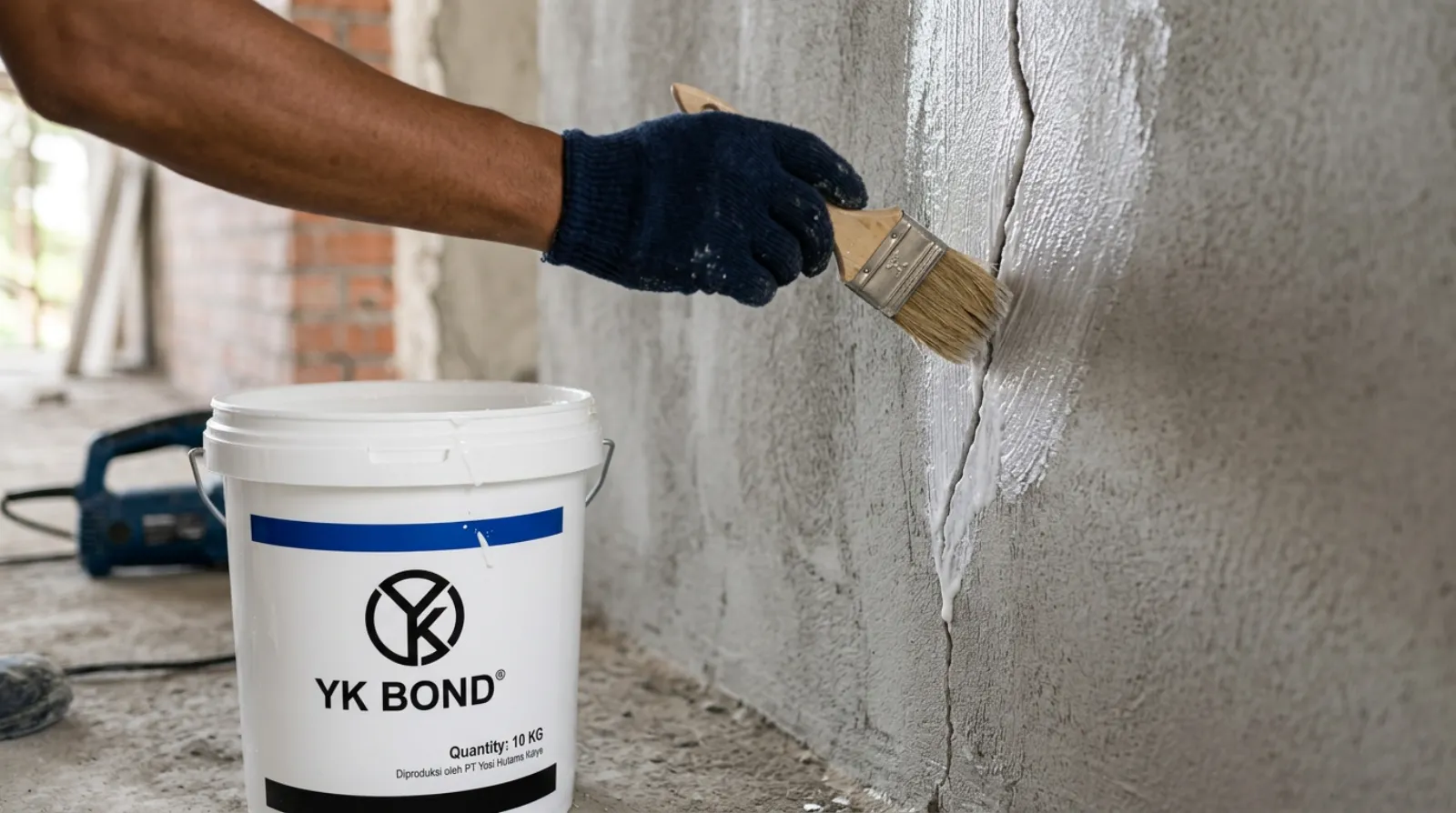 Tukang memperbaiki plester retak dengan bonding agent sebelum diplester ulang
